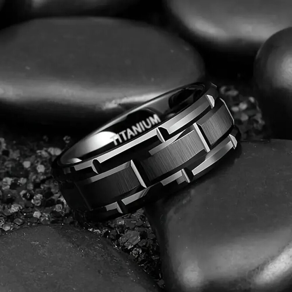 Titanium Matte Black Men's Statement Ring Beveled with Brushed Finished Center